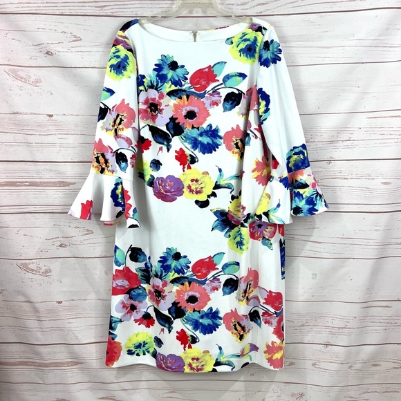 Tahari Arthur Levine Floral Bell Sleeve Boat Neck Shift Dress 14W - Picture 1 of 8